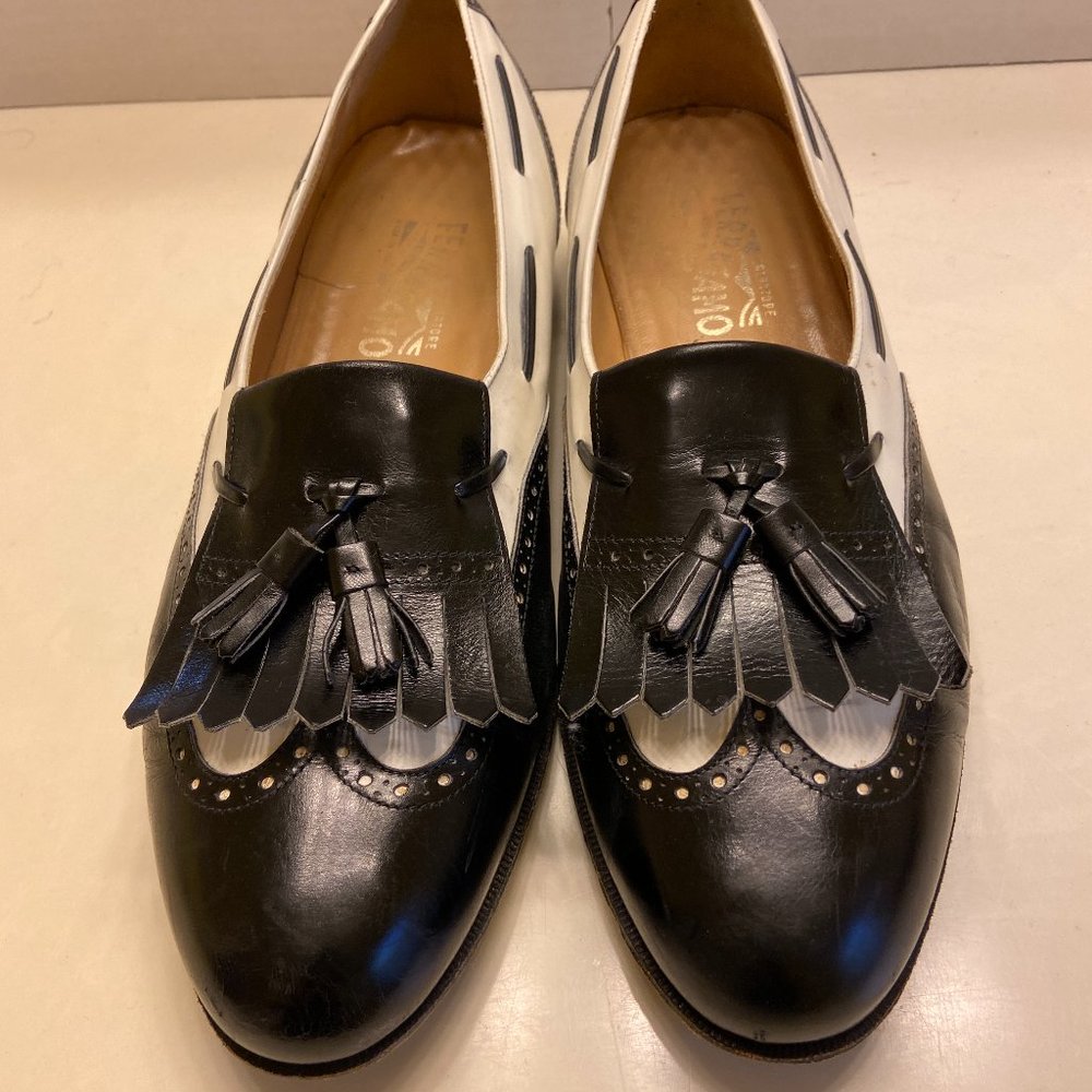 Salvatore Ferragamo Mens Black White Leather Spectator Loafer Shoes Size 12 D